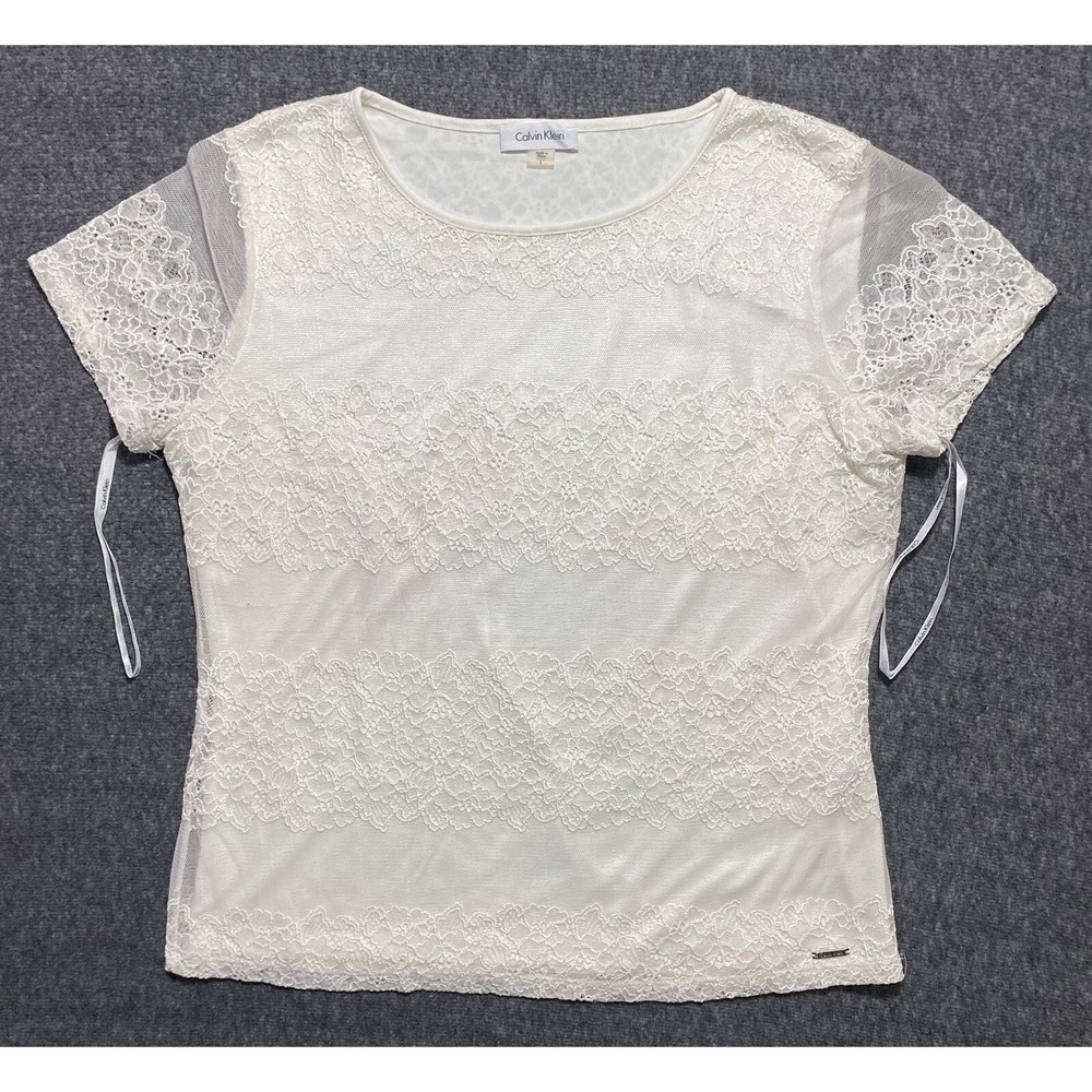 CALVIN KLEIN Womens White Sheer Pinstripe Short Sleeve Scoop Neck Top Size L